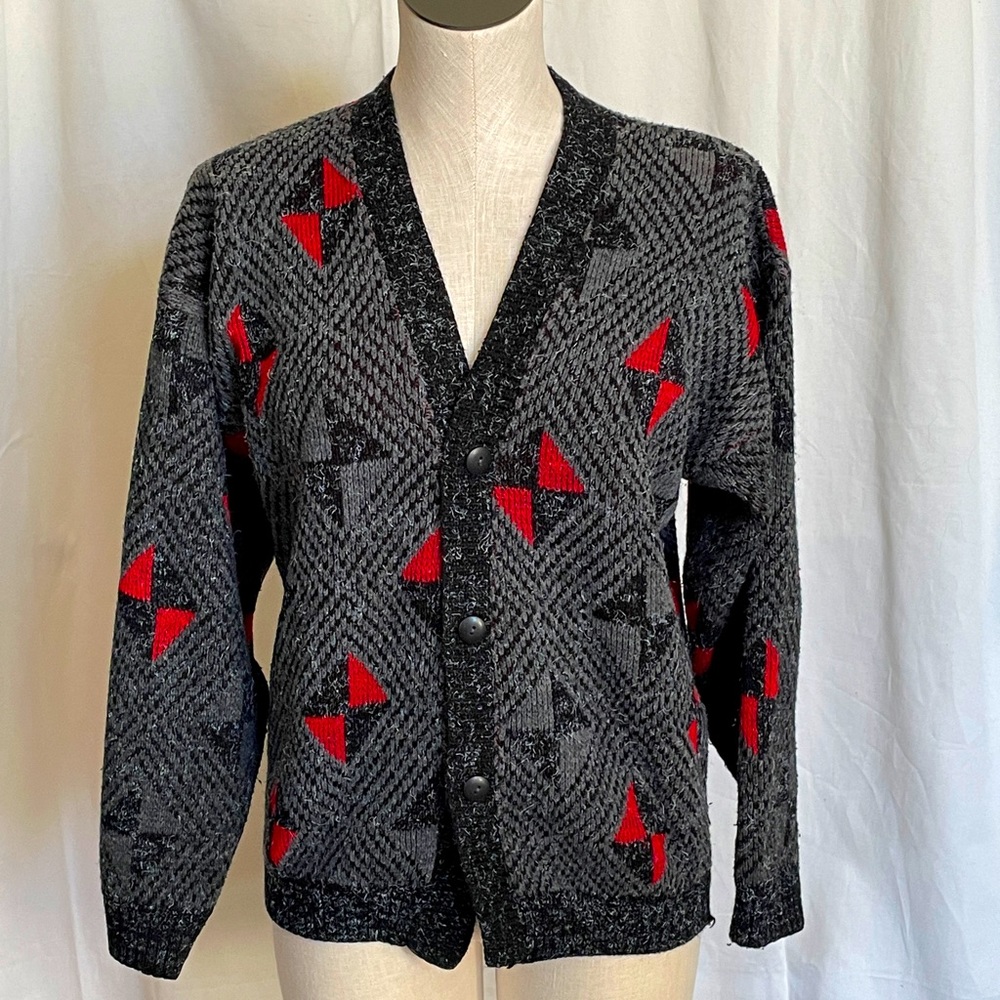 Retro 90s vintage gray red  black squares Cardigan sz L V-neck rad sweater